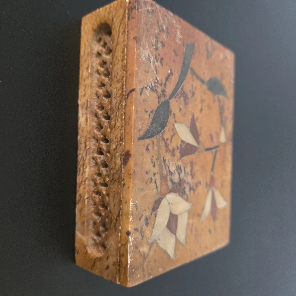 Vtg Marble Stone Mother of Pearl Inlay Floral Trinket Box Made N India Rectangle